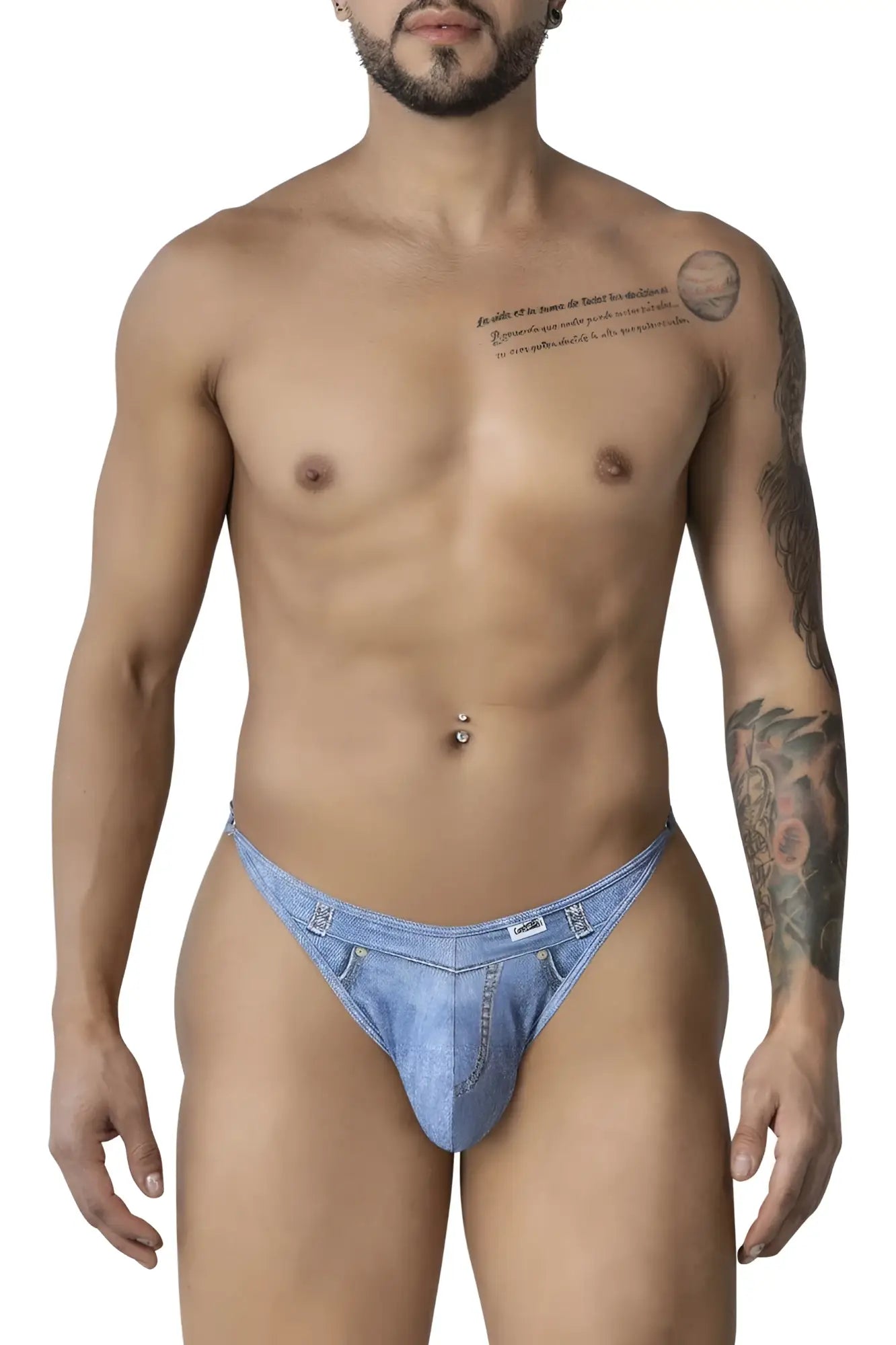 Light blue denim briefs with subtle faded wash and stitched detailing from Candyman 99899 cowboy thongs collection