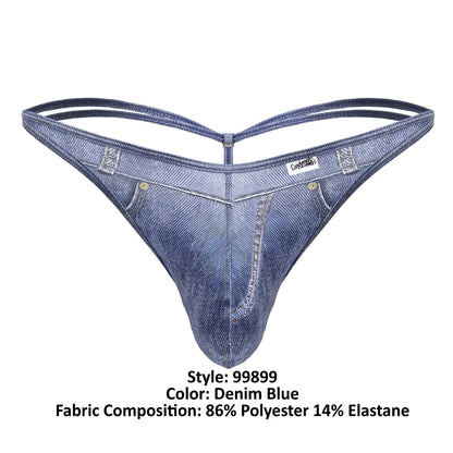 Denim blue CandyMan 99899 cowboy thong made of 86% polyester and 14% elastane with classic stitched denim texture