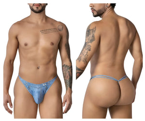 Candyman 99899 cowboy thong in denim blue with small front pocket and belt loops in denim-style fabric