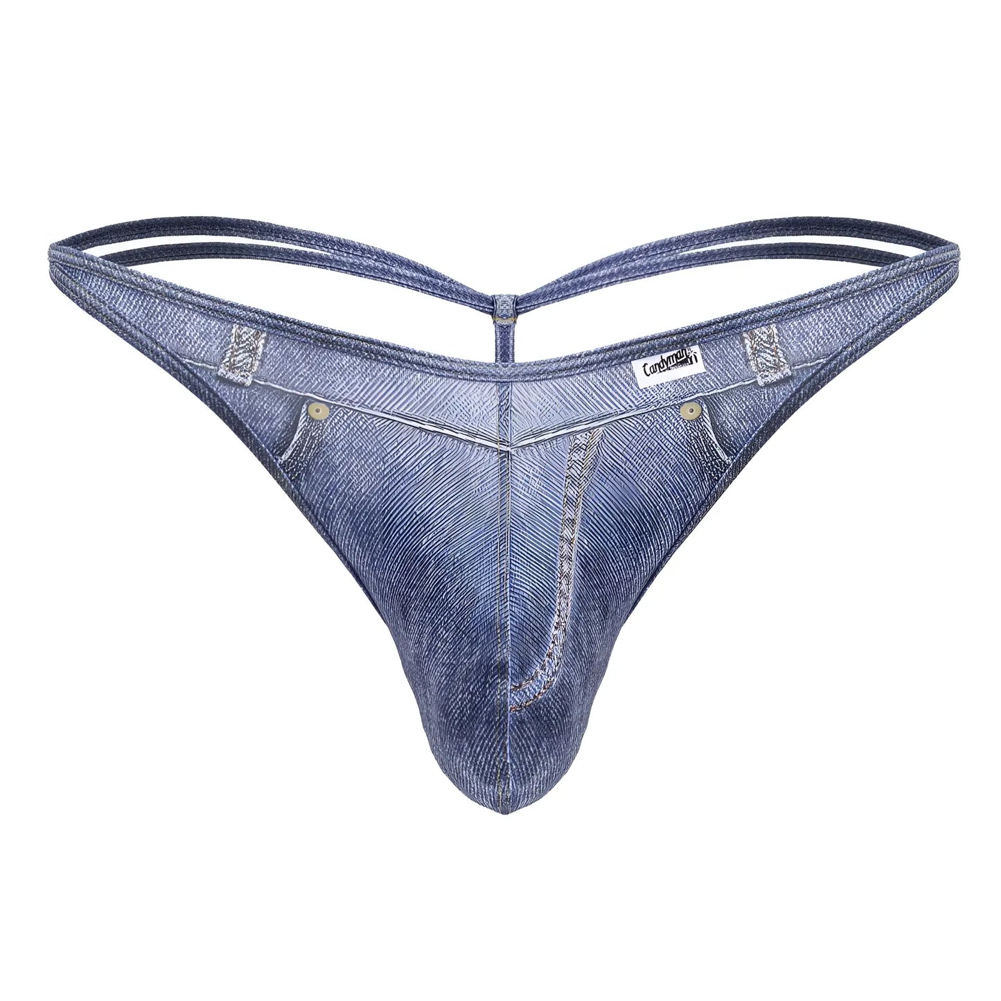 Blue denim thong with classic jeans design and subtle stitching details from candyman 99899 cowboy thongs collection