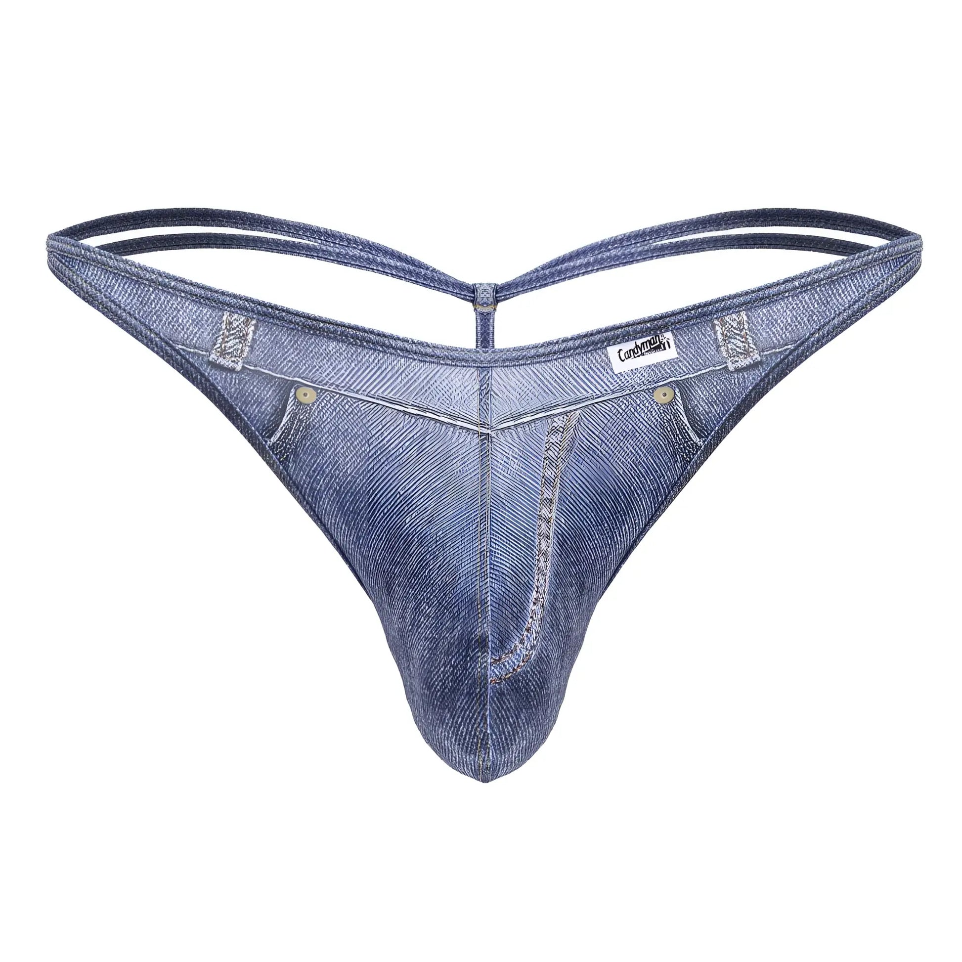 Blue denim thong with classic jeans design and subtle stitching details from candyman 99899 cowboy thongs collection