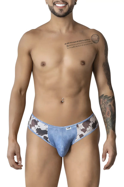 Blue denim-patterned CandyMan 99900 cowboy briefs with a cow print waistband for stylish animal print underwear