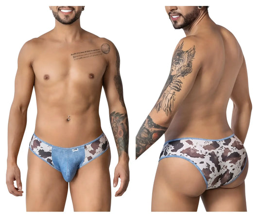 CandyMan 99900 cowboy briefs in blue denim pattern with white and brown cow print design