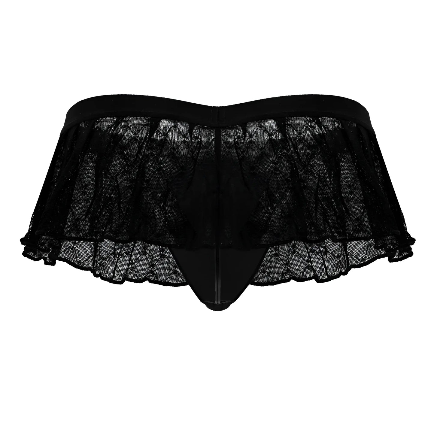 Black lace thong candyMan 99901 with ruffled sheer overlay elastic waistband in black geometric mesh design
