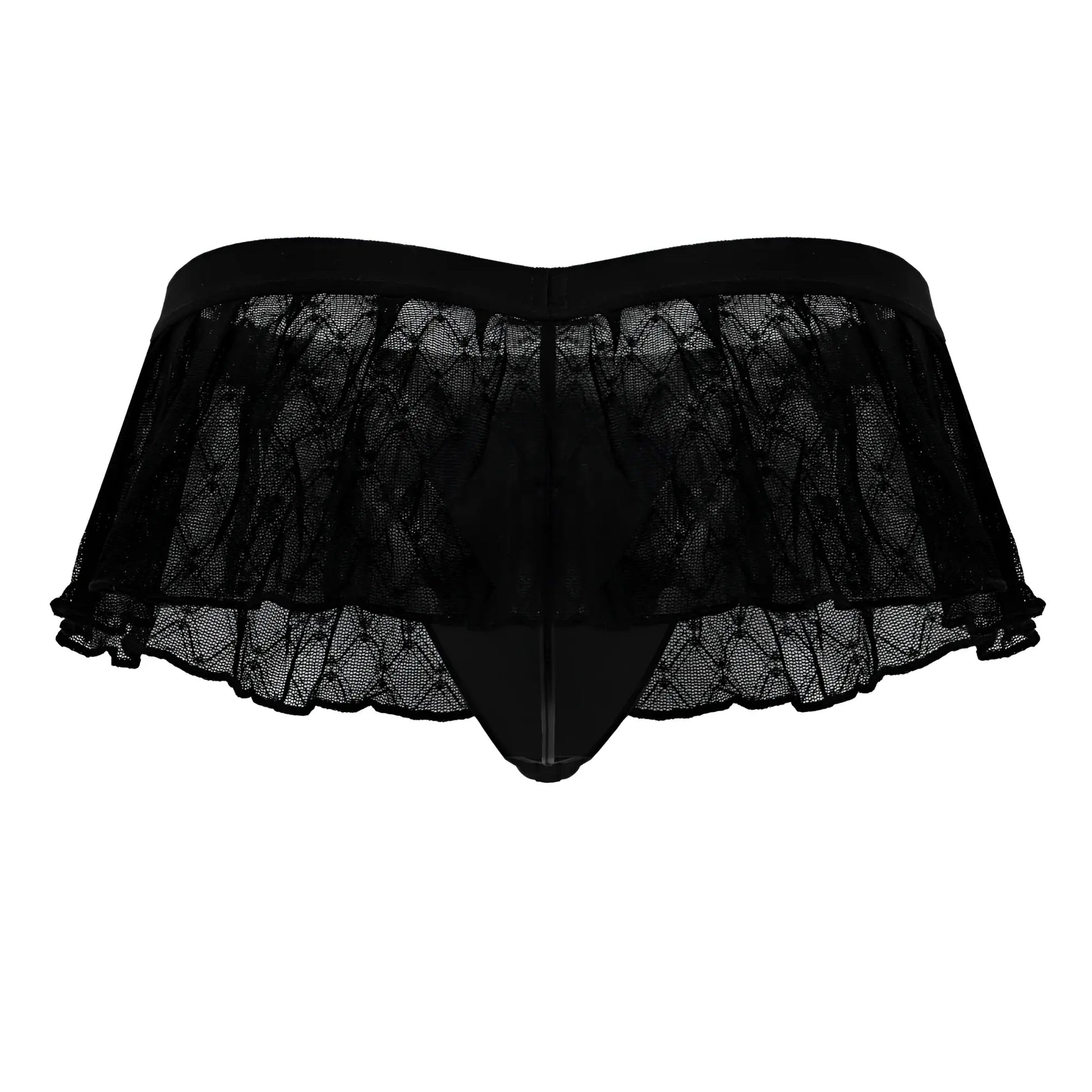 Black lace thong candyMan 99901 with ruffled sheer overlay elastic waistband in black geometric mesh design