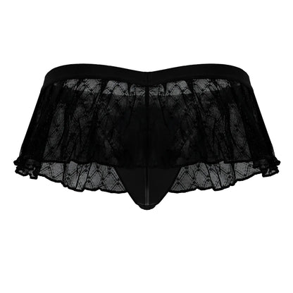 Black lace thong candyMan 99901 with ruffled sheer overlay elastic waistband in black geometric mesh design