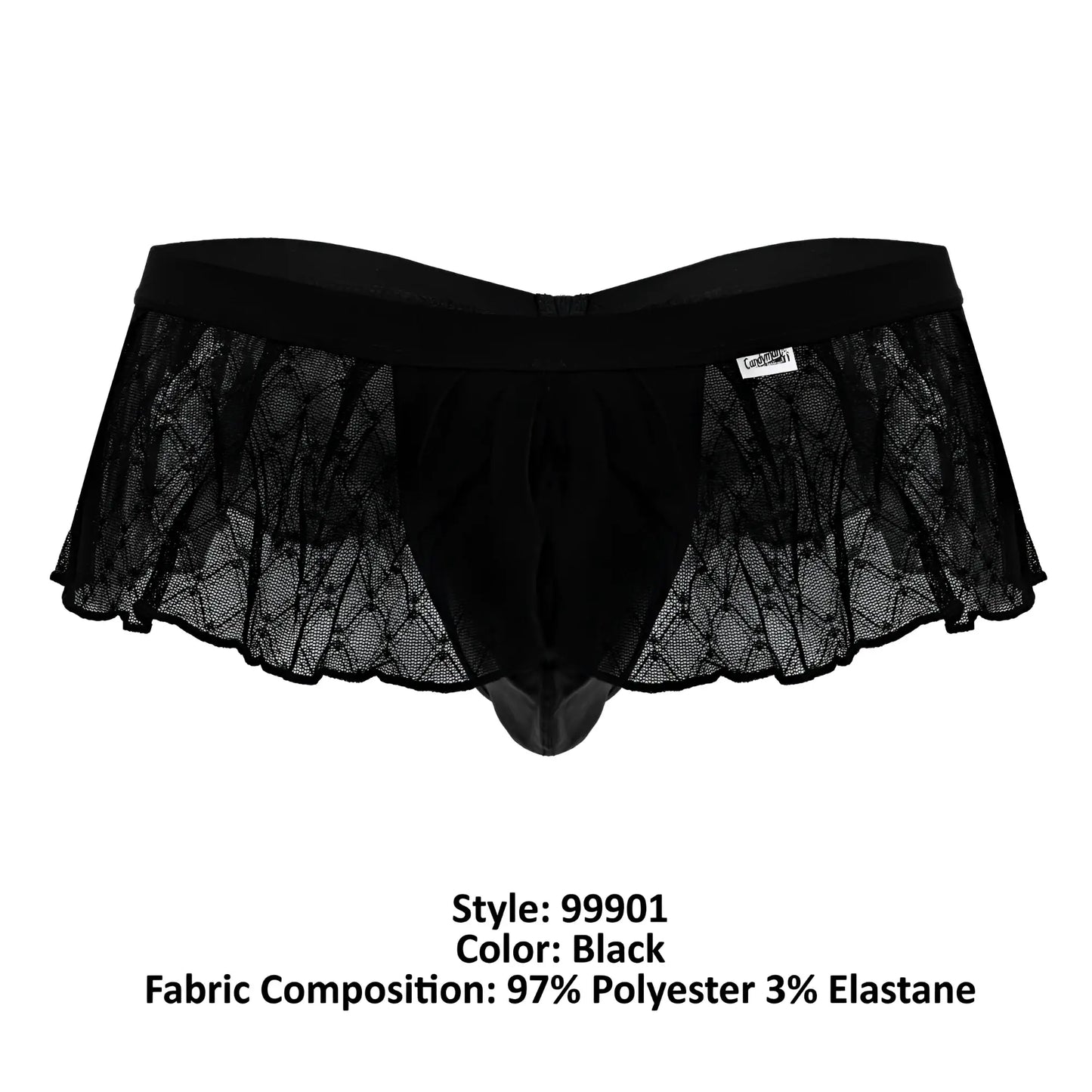 Black candyMan 99901 thong with lace trim, sheer mesh panels, and solid elastic waistband
