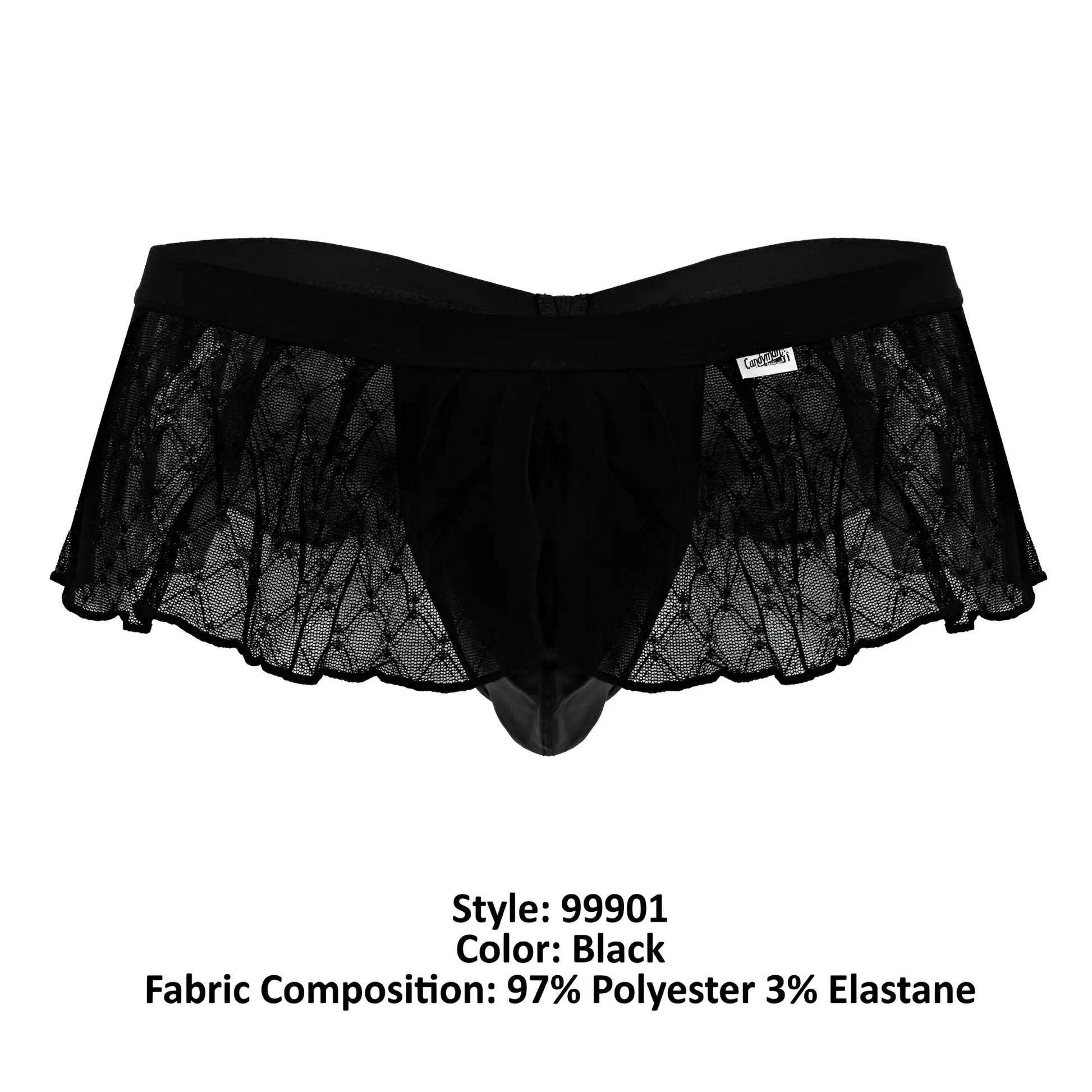 Black candyMan 99901 thong with lace trim, sheer mesh panels, and solid elastic waistband