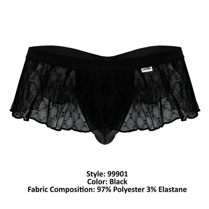 Black candyMan 99901 thong with lace trim, sheer mesh panels, and solid elastic waistband