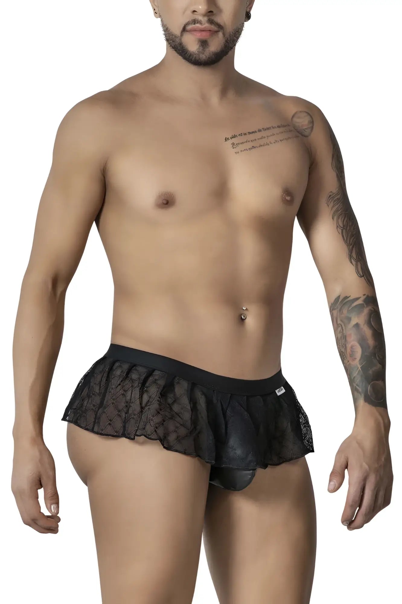 Black lace-trimmed CandyMan 99901 mens thong with ruffled hem and sheer mesh panel in black color