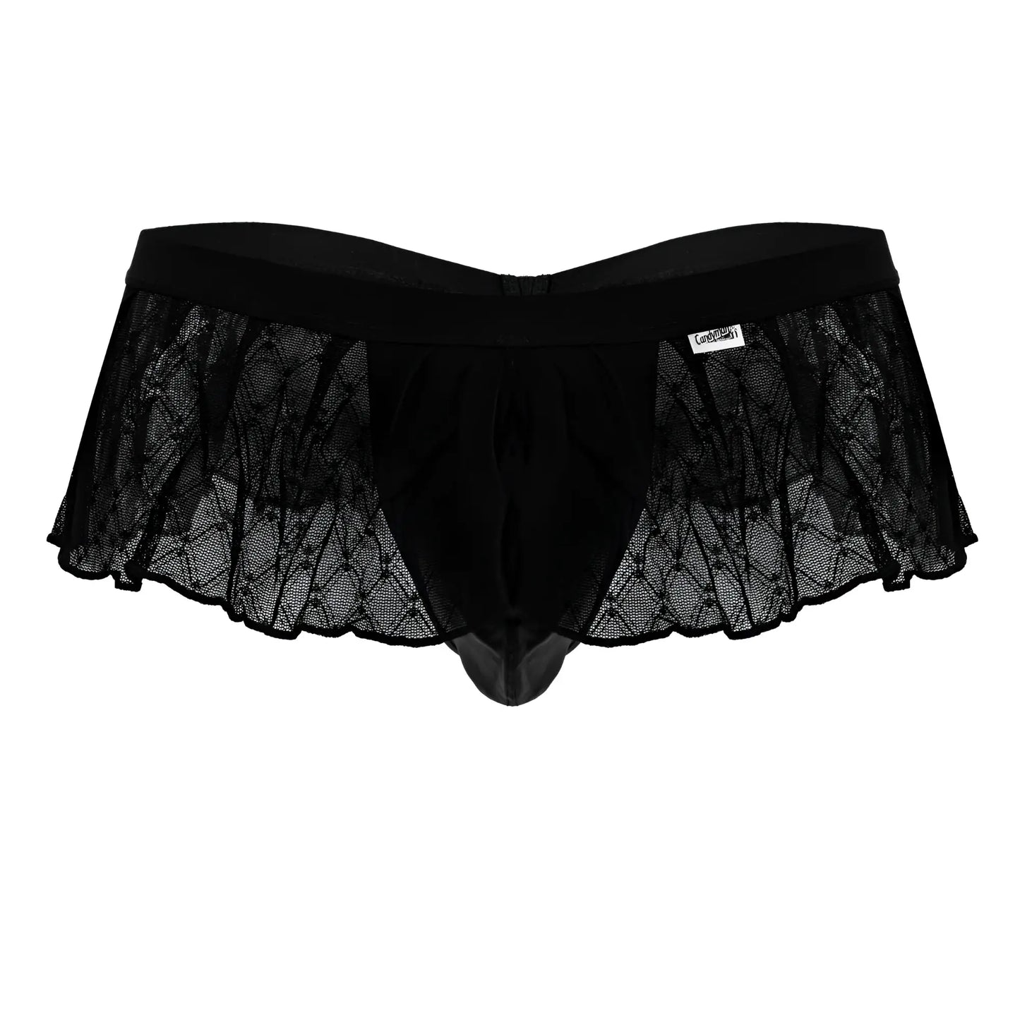 Black lace-trimmed candy man 99901 geometric mesh thong with sheer mesh and solid black elastic waistband