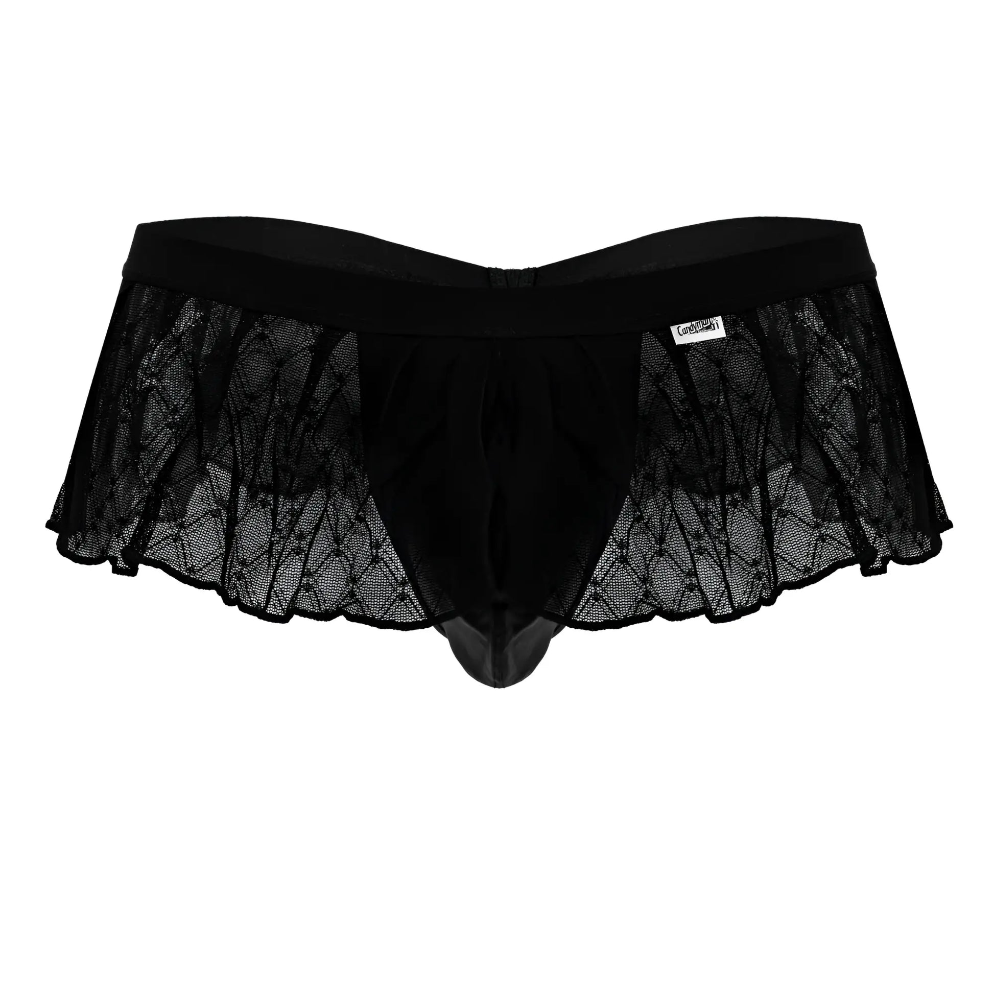 Black lace-trimmed candy man 99901 geometric mesh thong with sheer mesh and solid black elastic waistband