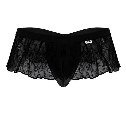 Black lace-trimmed candy man 99901 geometric mesh thong with sheer mesh and solid black elastic waistband