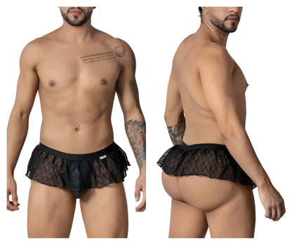 Black candyMan 99901 geometric mesh thongs with lace trim ruffled hem and elastic waistband front view
