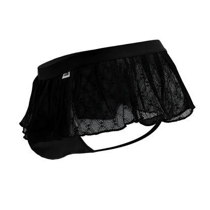 Black lace-trimmed candyMan 99901 geometric mesh briefs with ruffled sheer overlay and elastic waistband