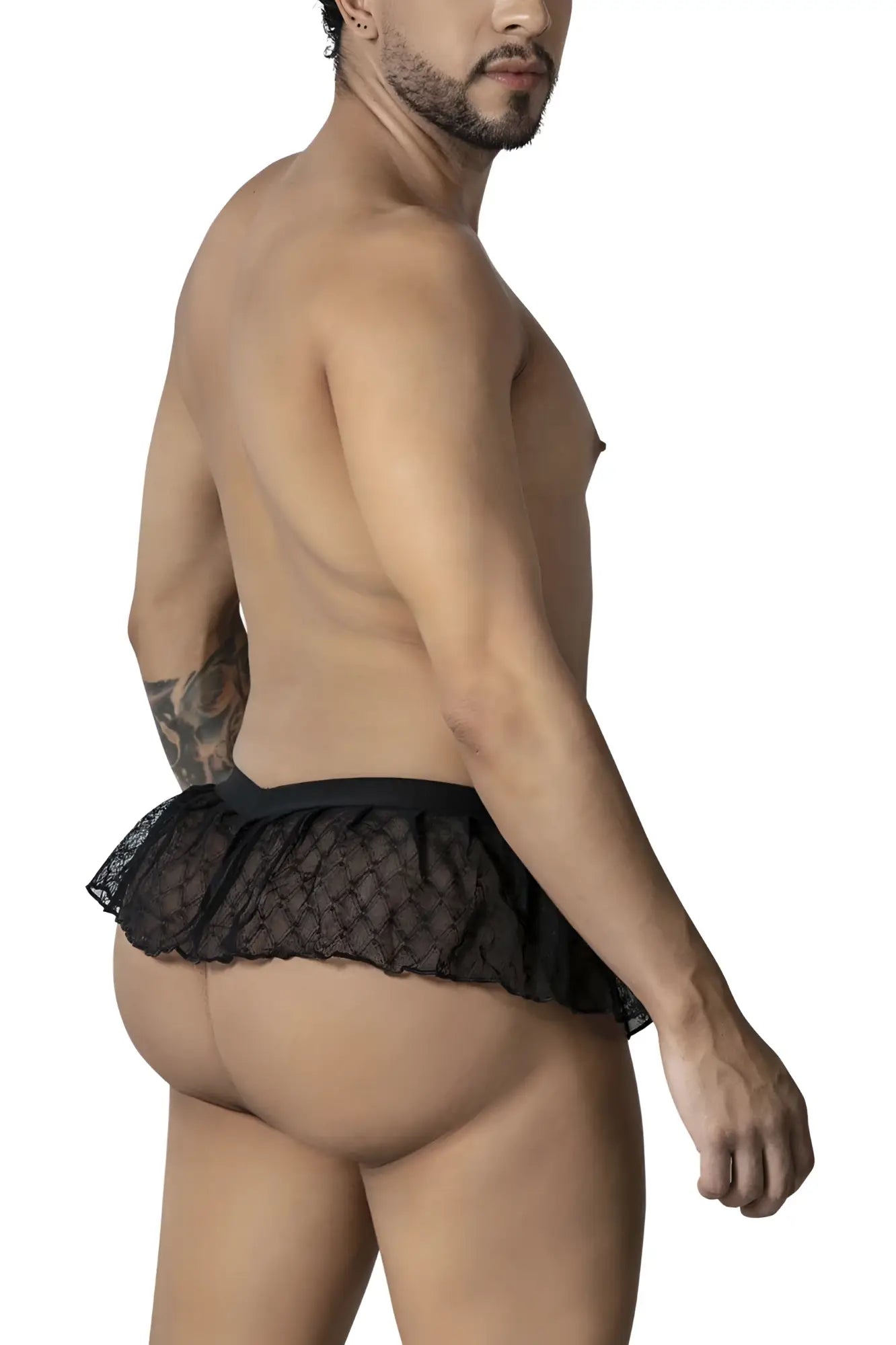 Black lace CandyMan 99901 geometric mesh thong with flared ruffled hemline in black shown from the back side