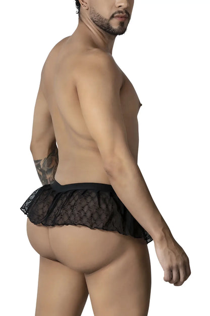 Black lace CandyMan 99901 geometric mesh thong with flared ruffled hemline in black shown from the back side