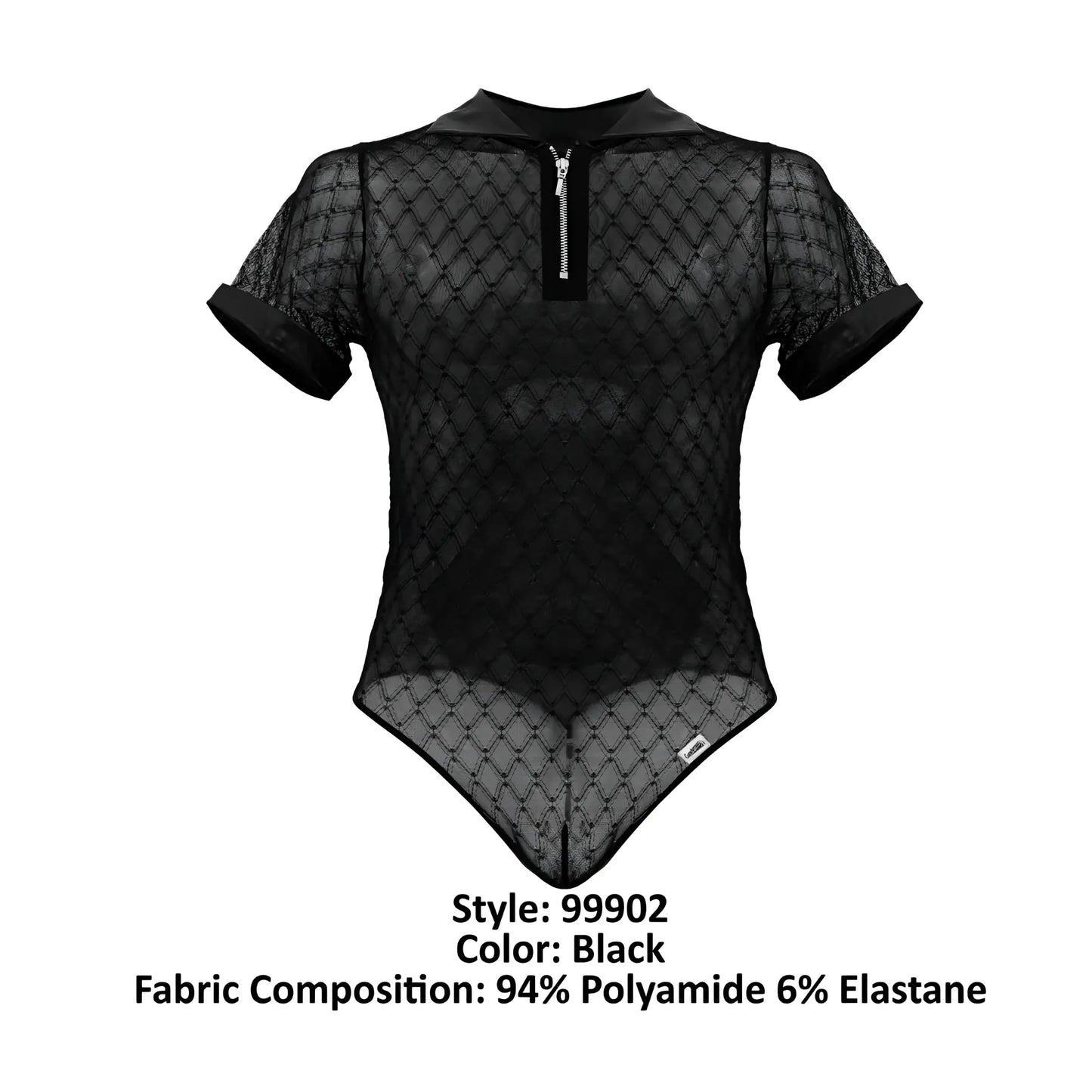 Black sheer mesh bodysuit with collar short sleeves and front zipper candyMan 99902 geometric mesh in black