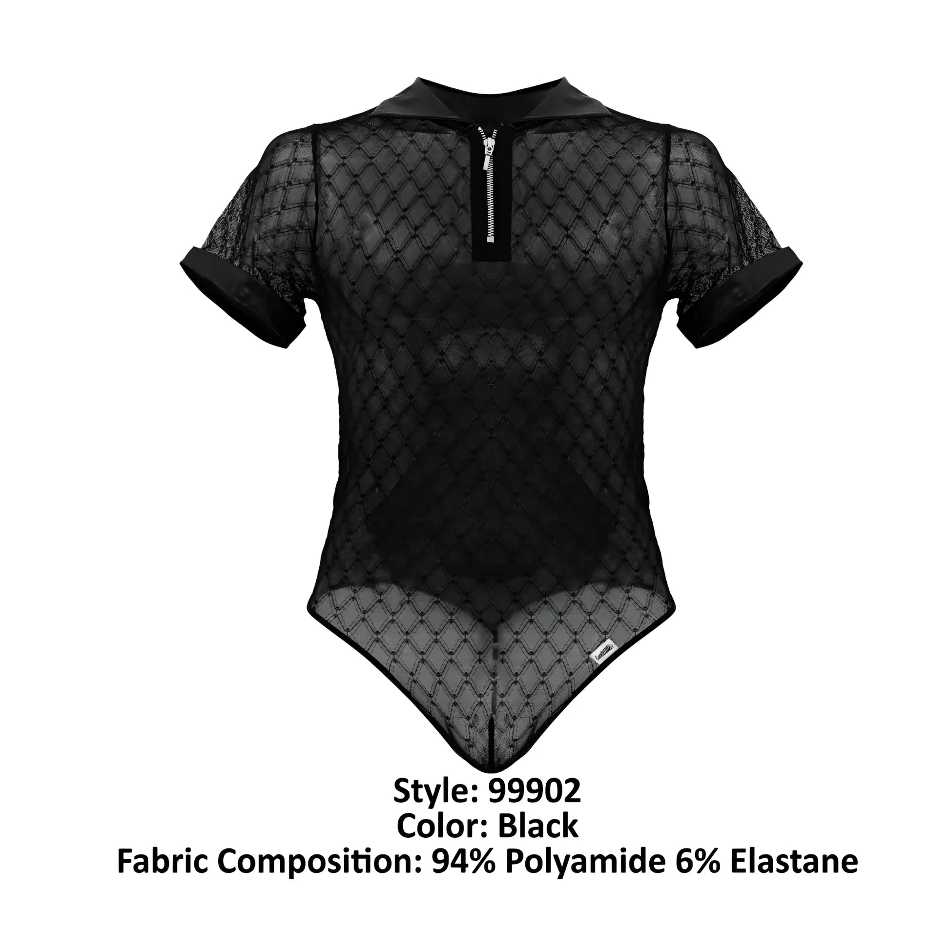 Black sheer mesh bodysuit with collar short sleeves and front zipper candyMan 99902 geometric mesh in black