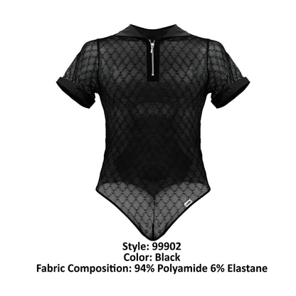 Black sheer mesh bodysuit with collar short sleeves and front zipper candyMan 99902 geometric mesh in black