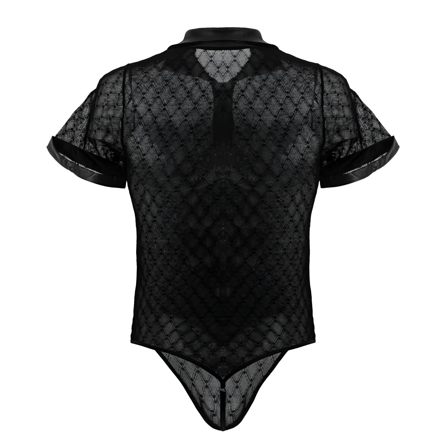 Black sheer lace bodysuit with short sleeves collar in geometric mesh design by CandyMan 99902 color black
