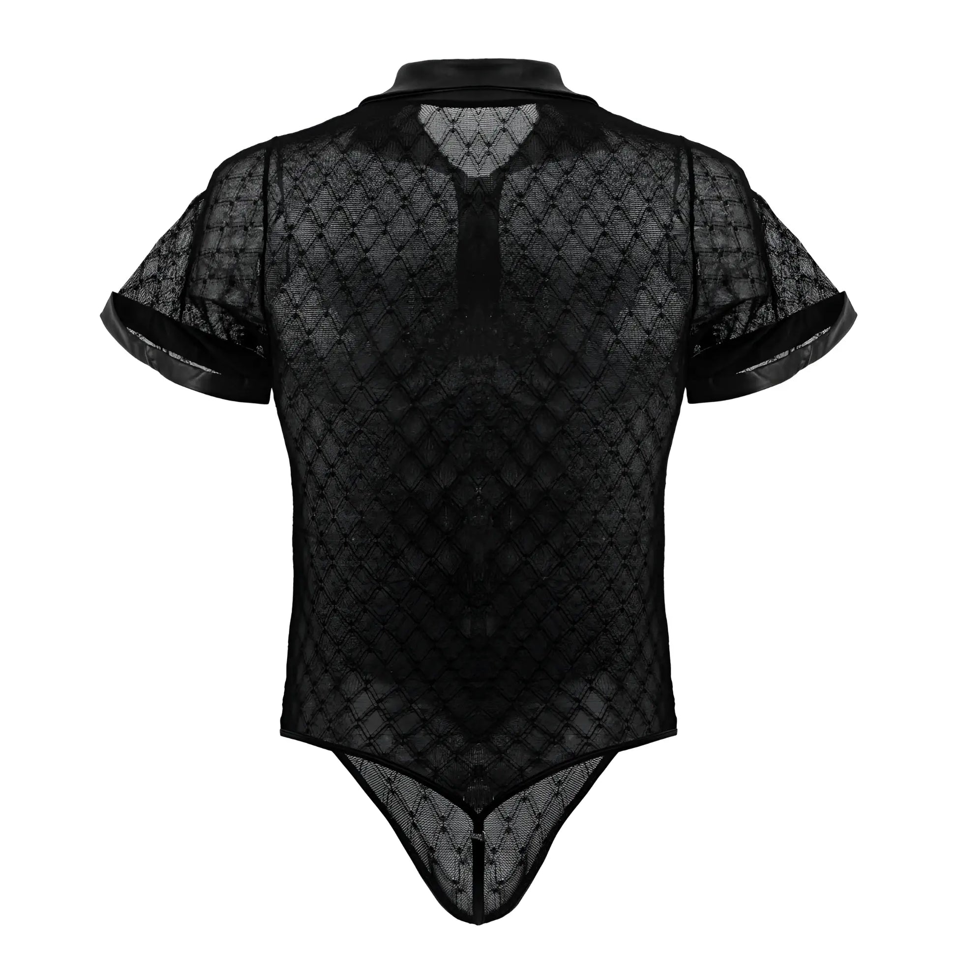 Black sheer lace bodysuit with short sleeves collar in geometric mesh design by CandyMan 99902 color black