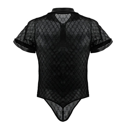 Black sheer lace bodysuit with short sleeves collar in geometric mesh design by CandyMan 99902 color black