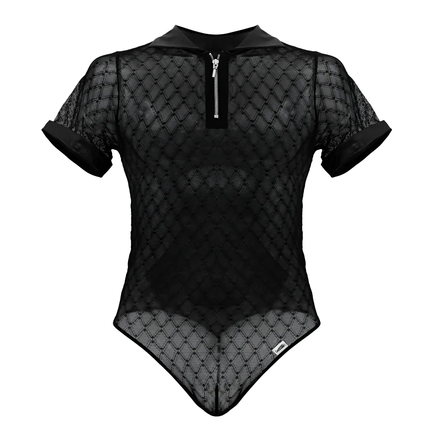 CandyMan 99902 black geometric mesh bodysuit with short sleeves collar and front zipper in breathable mesh fabric