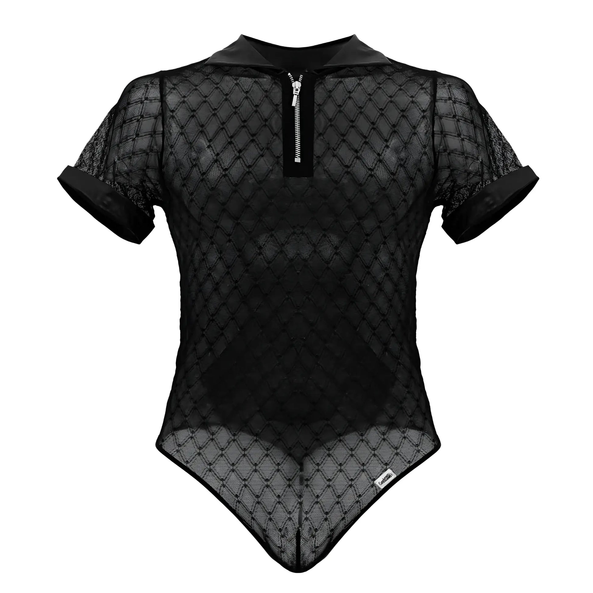 CandyMan 99902 black geometric mesh bodysuit with short sleeves collar and front zipper in breathable mesh fabric