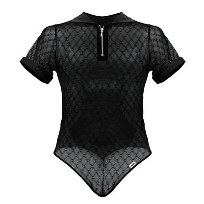 CandyMan 99902 black geometric mesh bodysuit with short sleeves collar and front zipper in breathable mesh fabric
