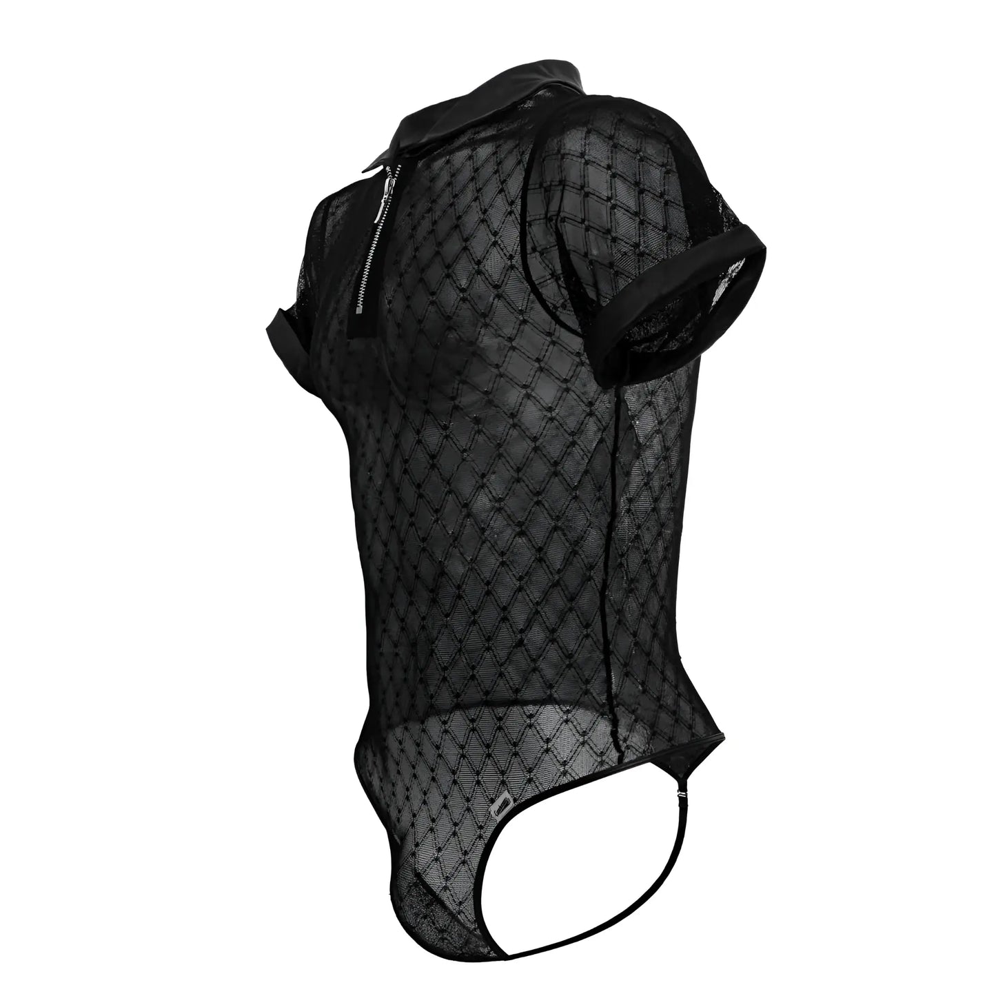 Black candyMan 99902 geometric mesh bodysuit with short sleeves collar and side zipper detail