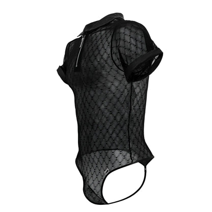 Black candyMan 99902 geometric mesh bodysuit with short sleeves collar and side zipper detail