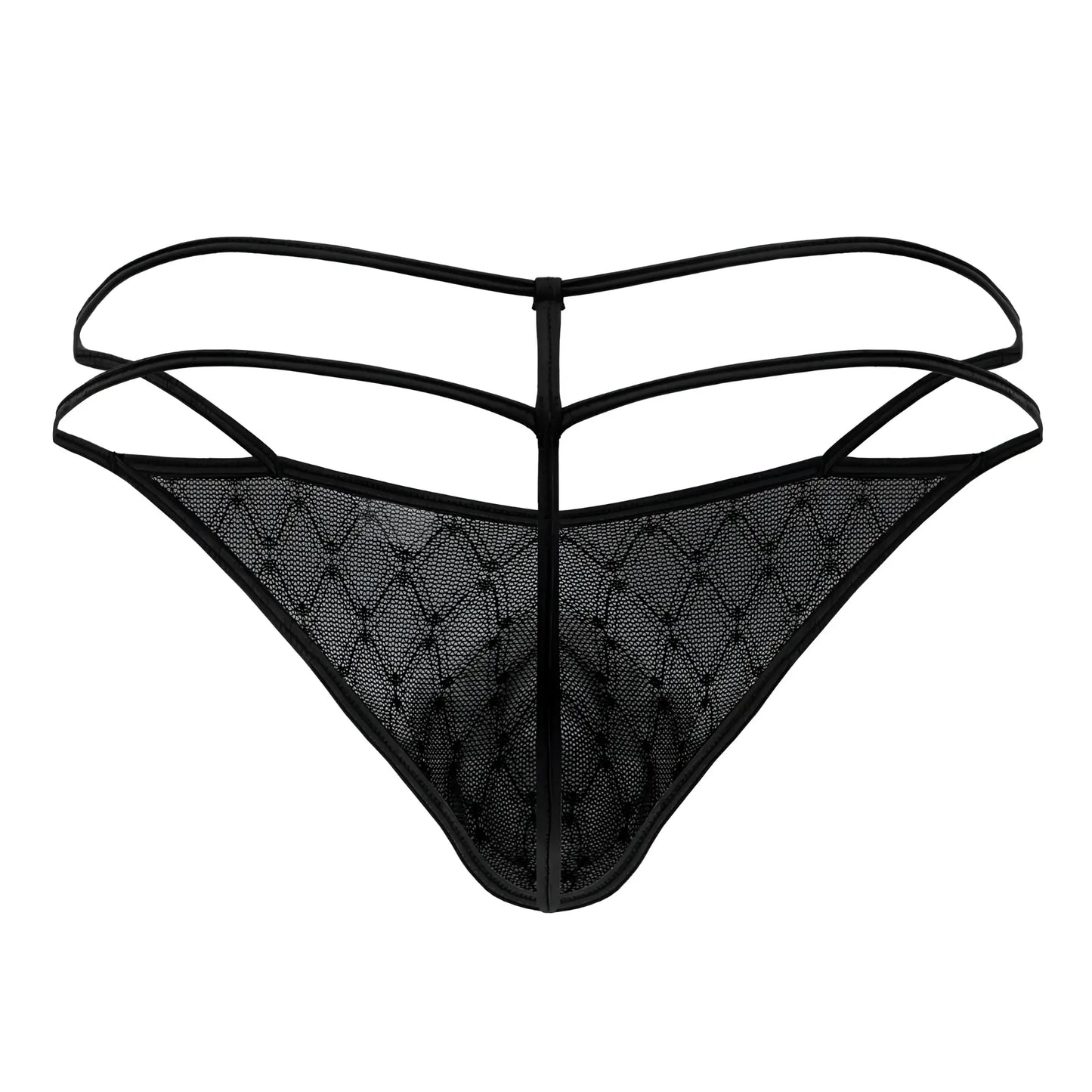 Black lace thong candy man 99903 with diamond patterned mesh and thin overlapping straps shown from the back