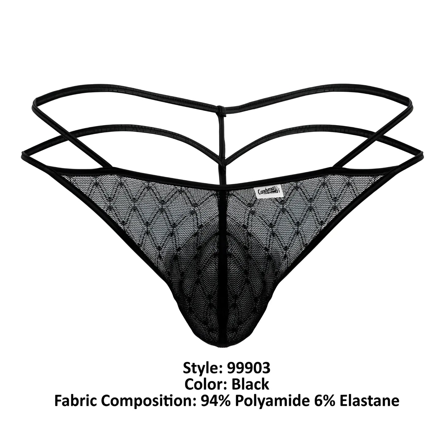 Black lace thong candyMan 99903 with diamond-patterned mesh and three adjustable straps in black shown from the back side