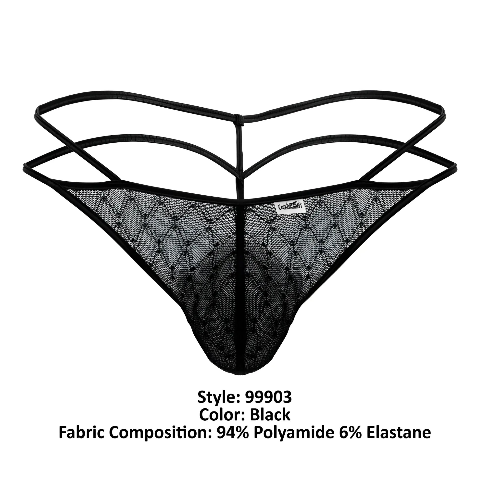 Black lace thong candyMan 99903 with diamond-patterned mesh and three adjustable straps in black shown from the back side