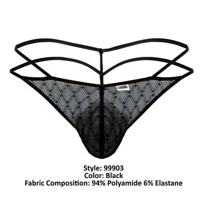 Black lace thong candyMan 99903 with diamond-patterned mesh and three adjustable straps in black shown from the back side