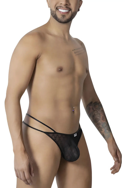 CandyMan 99903 geometric mesh thong in black featuring sheer lace with solid front panel and adjustable side straps