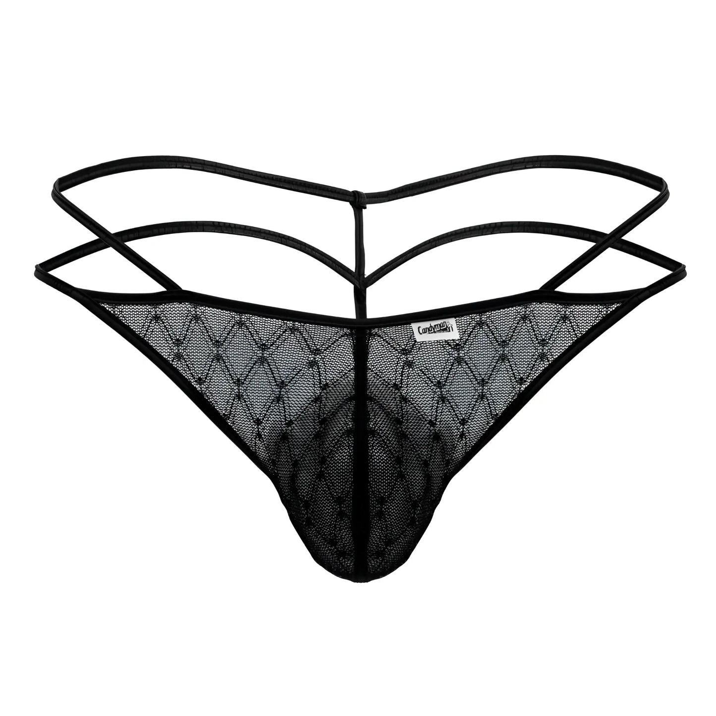 Black CandyMan 99903 geometric mesh thong with diamond pattern and three intersecting elastic straps visible from back