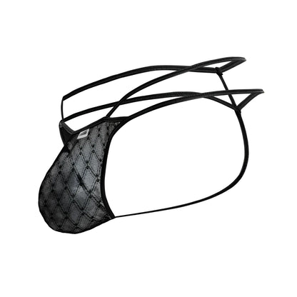 Black CandyMan 99903 geometric mesh thong with diamond pattern and thin adjustable straps front view