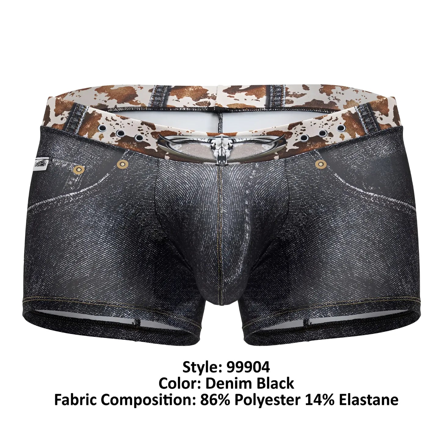Denim black boxer briefs candyMan 99904 cowboy trunks with faux denim texture and cow print waistband
