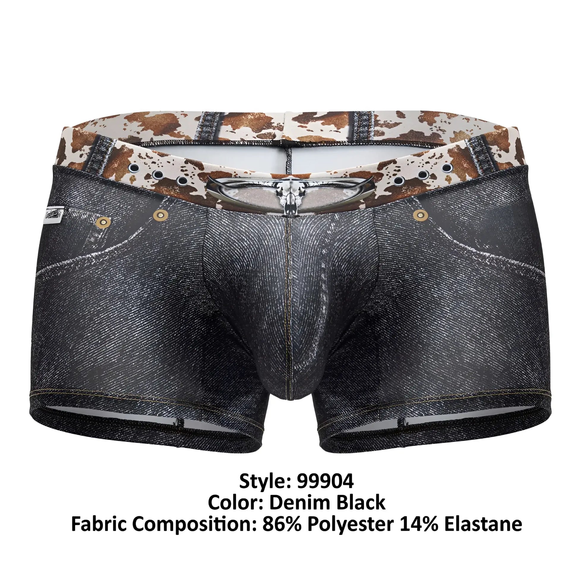 Denim black boxer briefs candyMan 99904 cowboy trunks with faux denim texture and cow print waistband