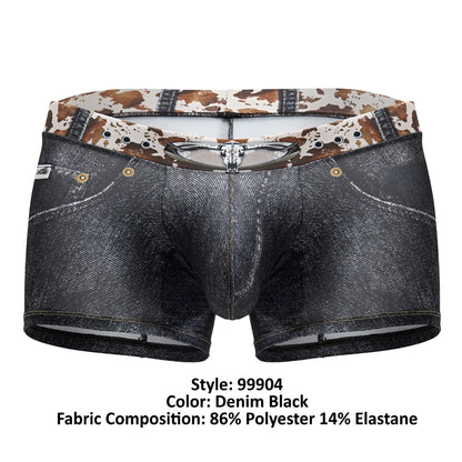 Denim black boxer briefs candyMan 99904 cowboy trunks with faux denim texture and cow print waistband