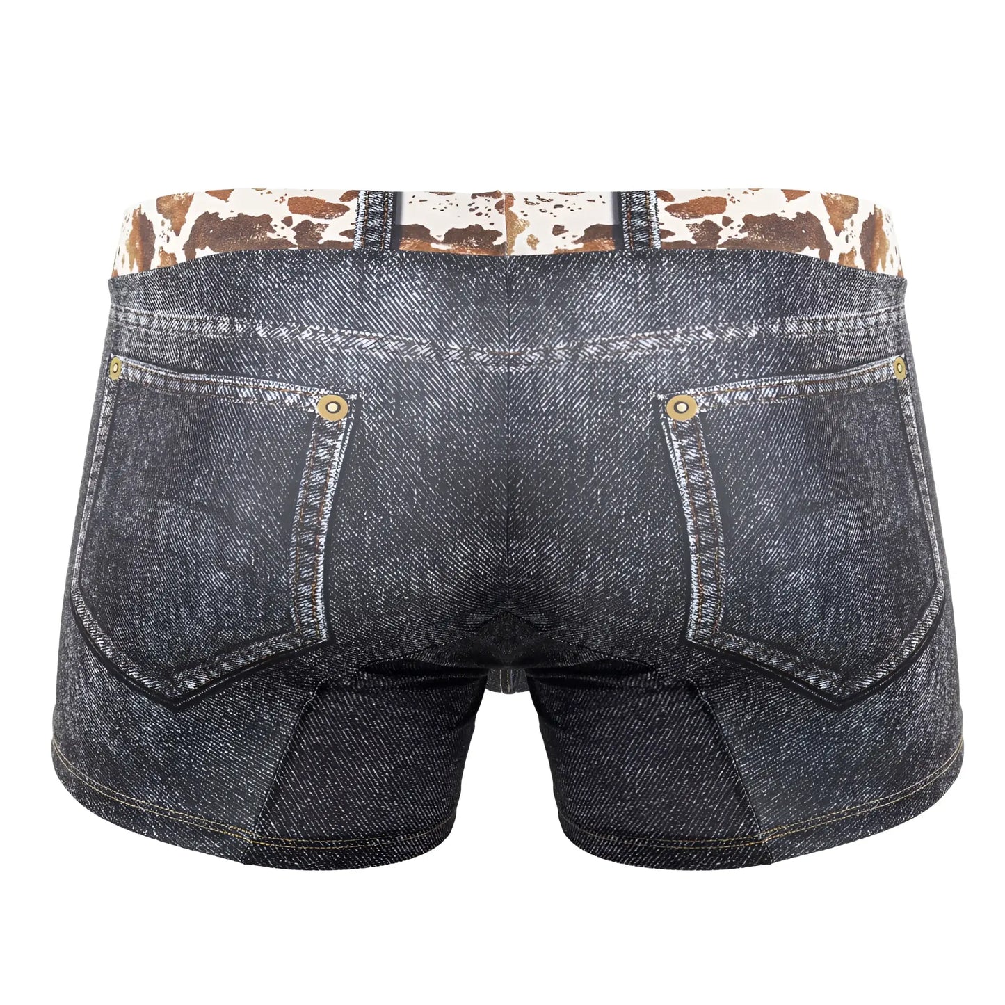 Dark blue denim cowboy shorts with cow print waistband and gold-tone button closures candyMan 99904
