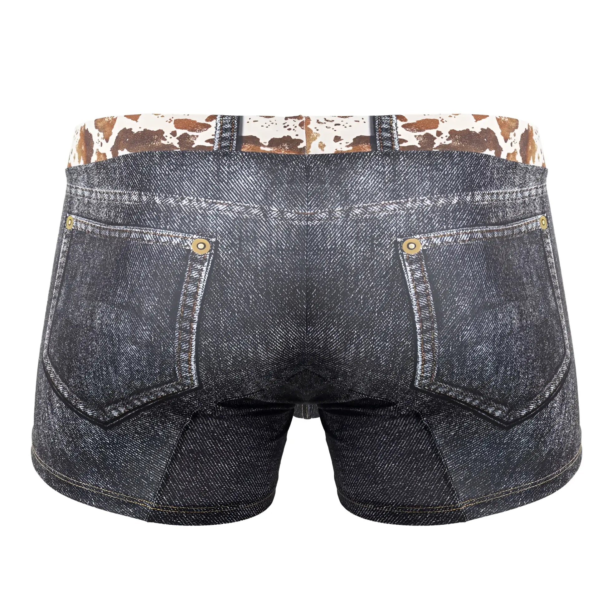 Dark blue denim cowboy shorts with cow print waistband and gold-tone button closures candyMan 99904