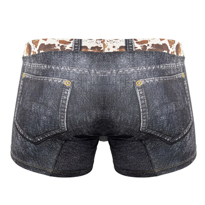 Dark blue denim cowboy shorts with cow print waistband and gold-tone button closures candyMan 99904