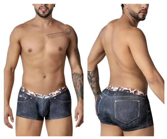 Dark blue denim shorts candyMan 99904 cowboy trunks with patterned white and brown floral waistband
