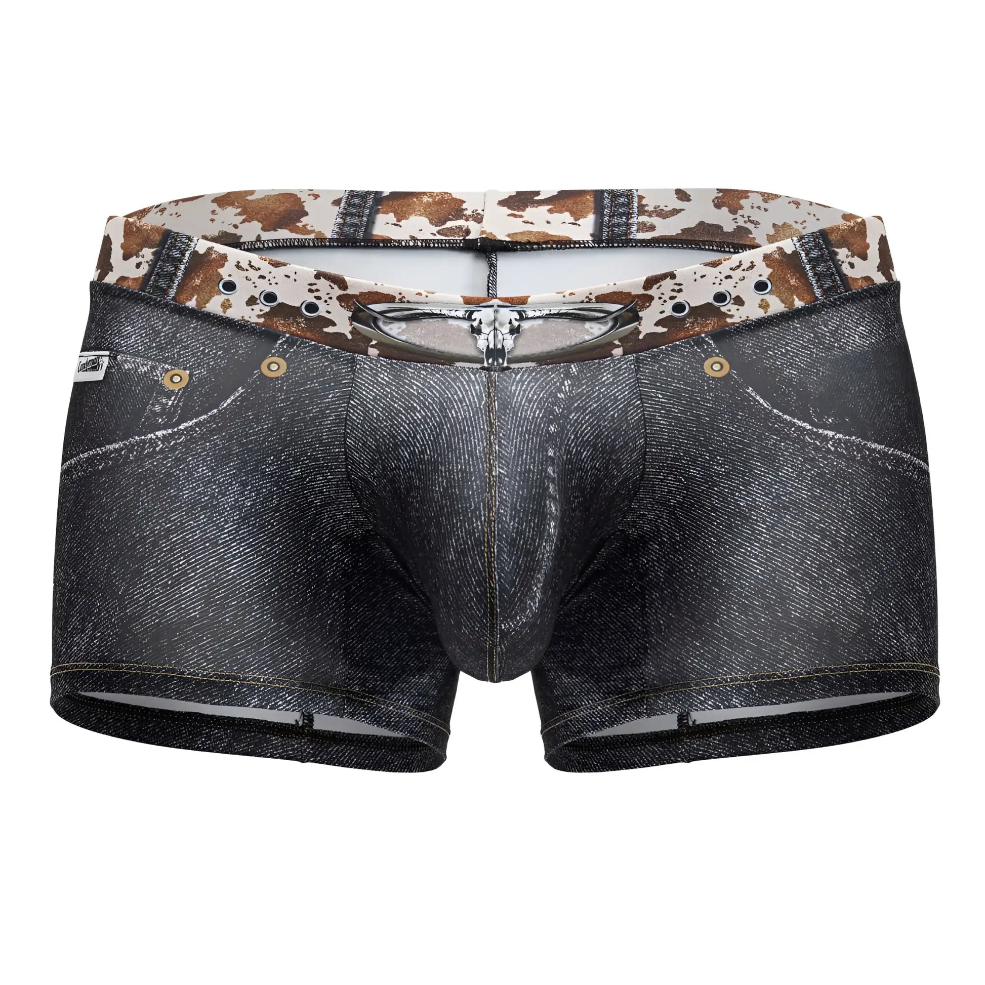 Dark denim men’s boxer briefs with cowhide print waistband and metallic button details candy man 99904 cowboy trunks