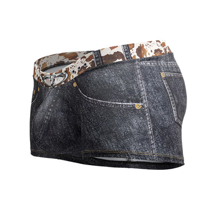 Dark denim cowboy trunks with cow print waistband and gold-toned hardware in black color by candyman 99904
