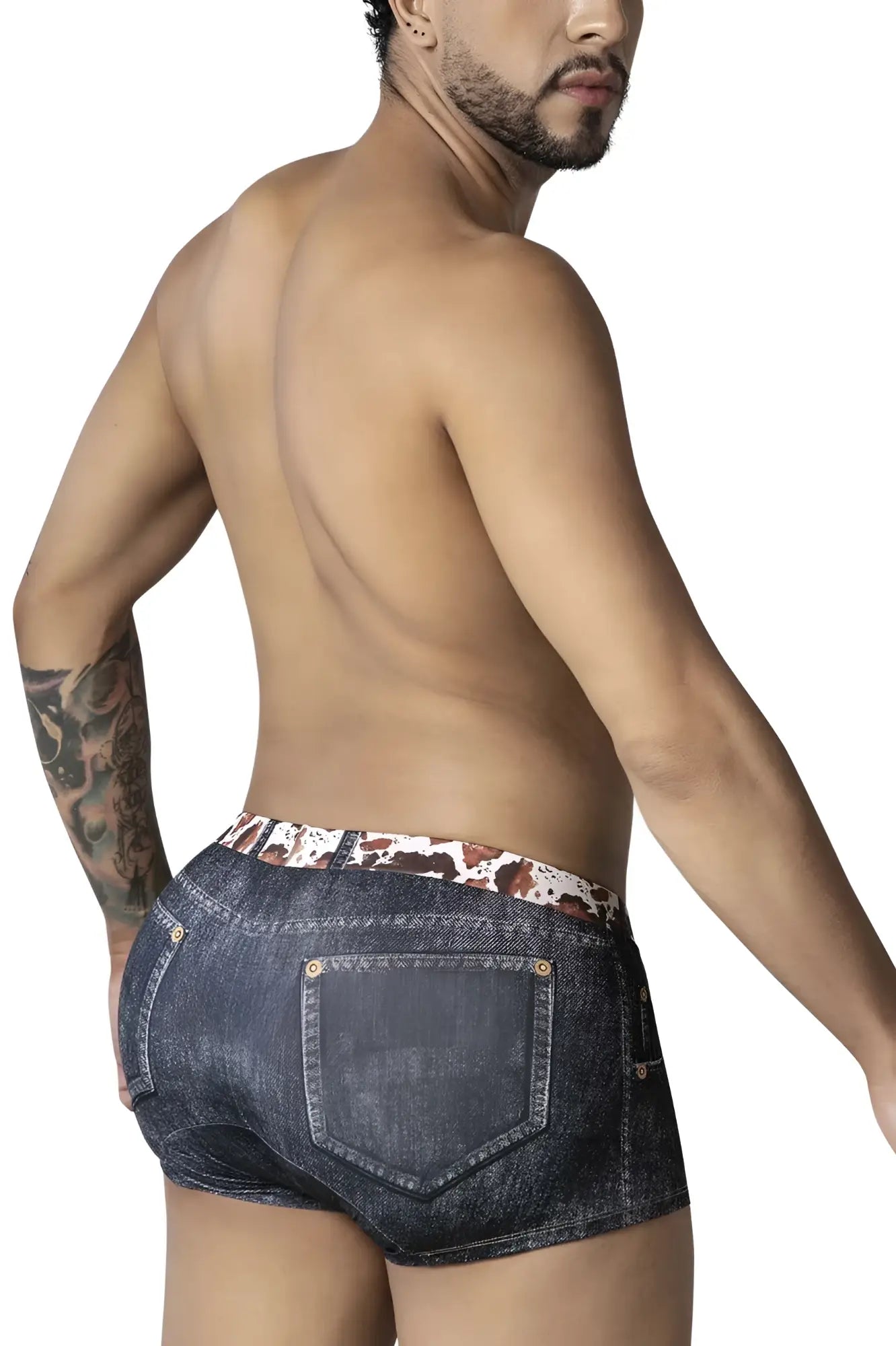 Dark-wash denim boxer shorts candyman 99904 cowboy trunks with brown and white cow print waistband