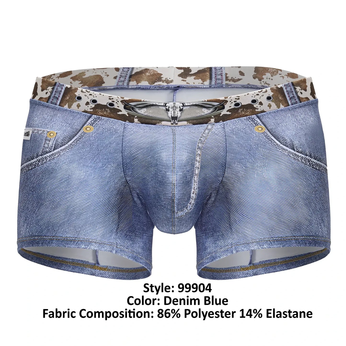 Denim blue candyMan 99904 cowboy trunks men’s boxer briefs with cow print waistband and silver skull buckle